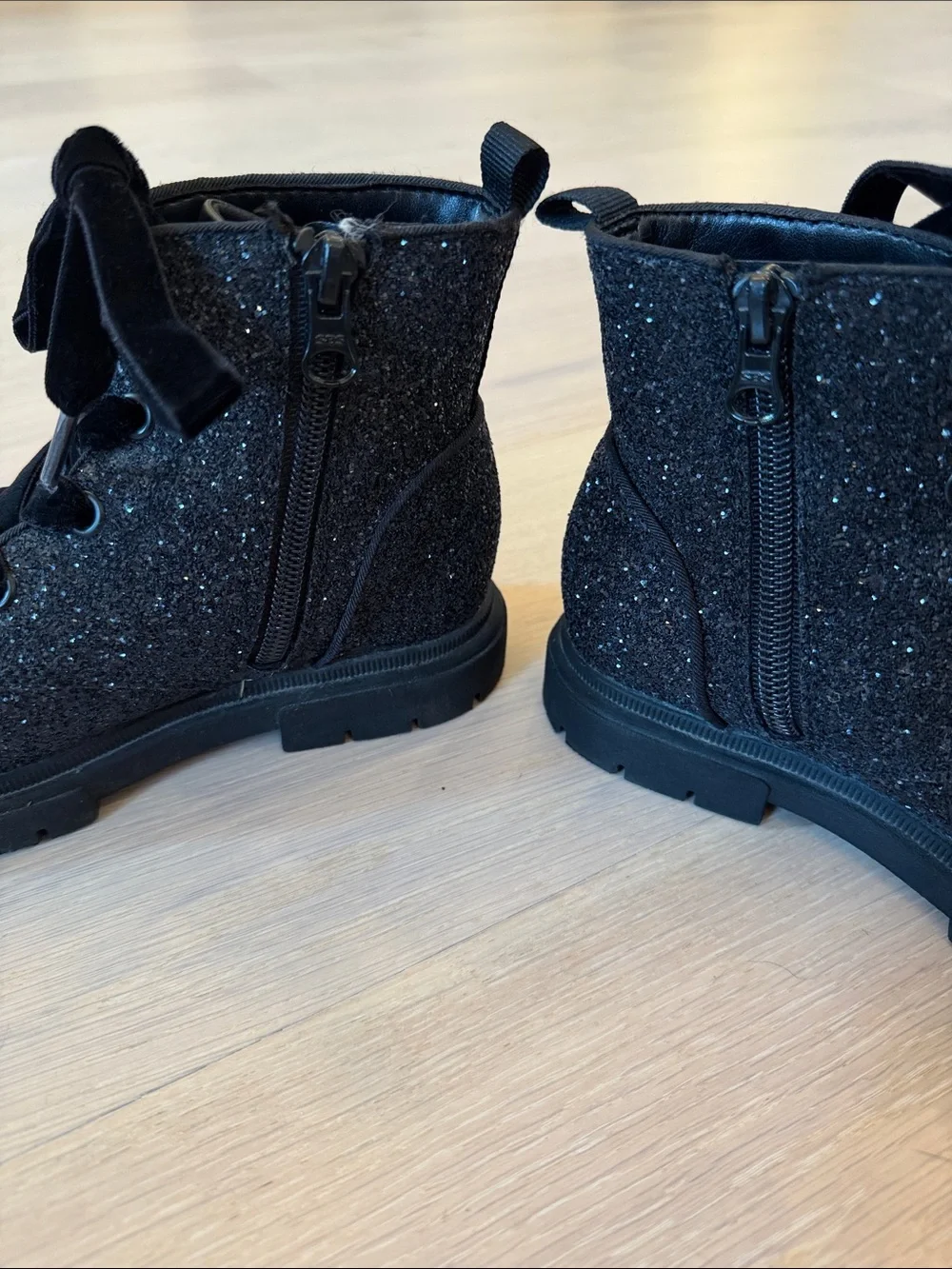 Cat & Jack Black Glitter Lace-Up Zipper Side Girls Boots Size 12